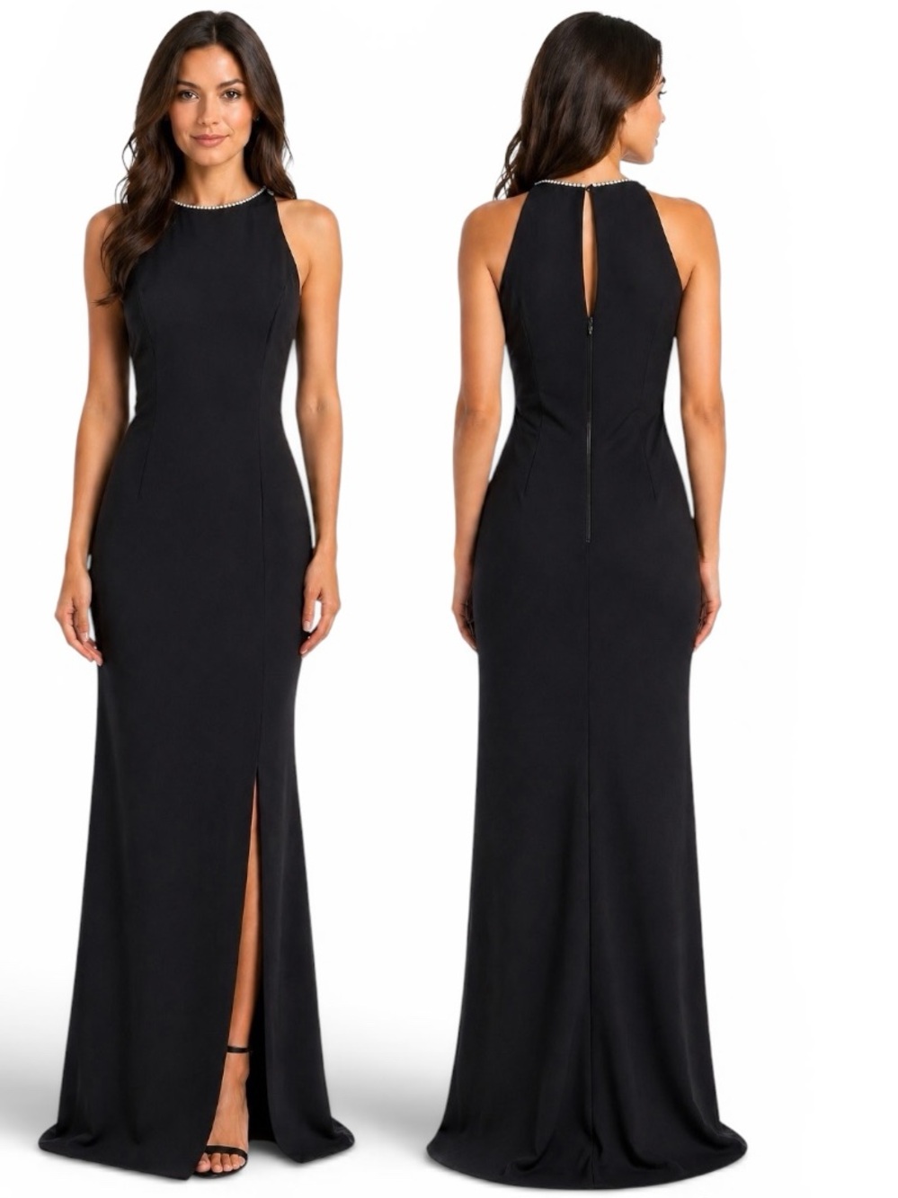 Vintage Black Rhinestone‎ Collar Maxi Dress L Minimalist Formal Evening Gown